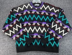 Vintage Blue Zone USA Sweater Mens L Black Coogi Style Geometric 90s Acrylic